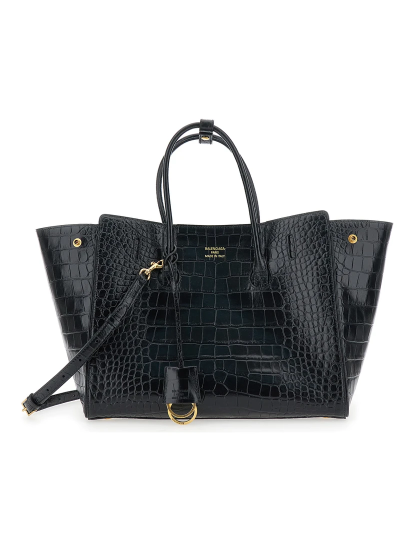 Hampton Small Black Handbag with Embossed Logo on the Front and Removable Keyring in Leather Woman