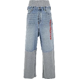 Light Blue Jeans with Fleece Inserts and Logo Lettering on the Front in Cotton and Denim Man