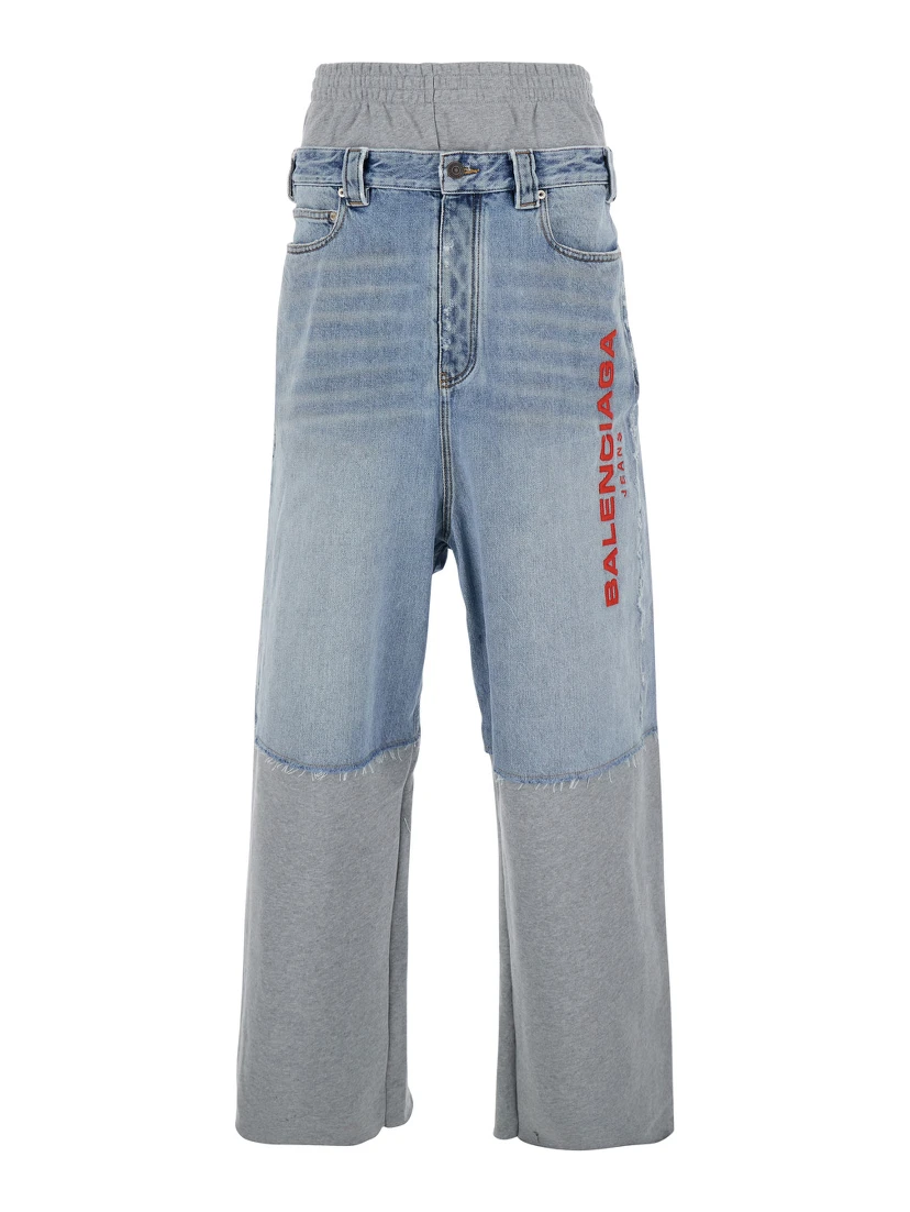 Light Blue Jeans with Fleece Inserts and Logo Lettering on the Front in Cotton and Denim Man