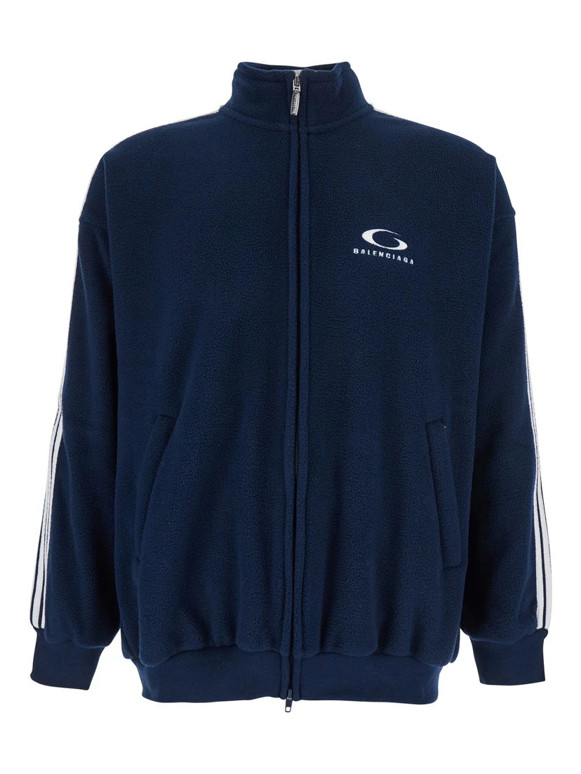 Blue Sweatshirt with Logo Detail on Front and Rear and Striped Detail on the Sleeve in Tech Fabric Man