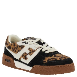 Fendi Match Brown Low Top Sneakers with FF Application and Leopard Motif in Mixed Leather Woman