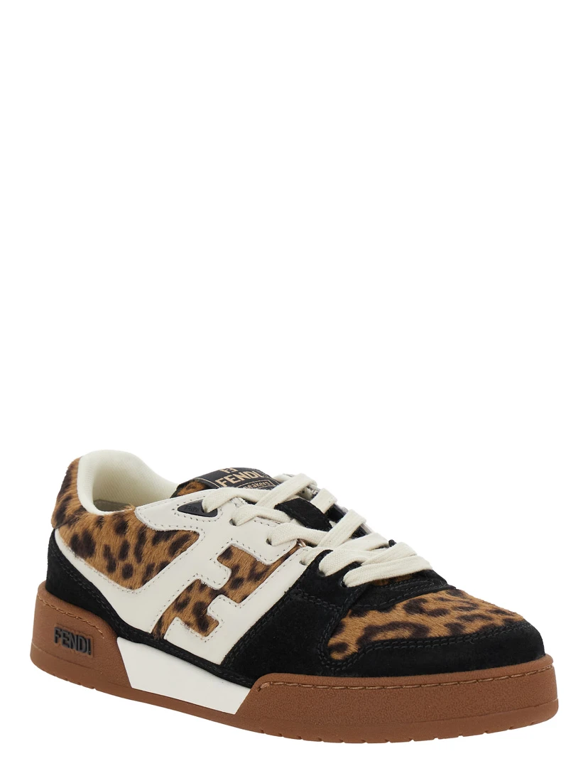 Fendi Match Brown Low Top Sneakers with FF Application and Leopard Motif in Mixed Leather Woman