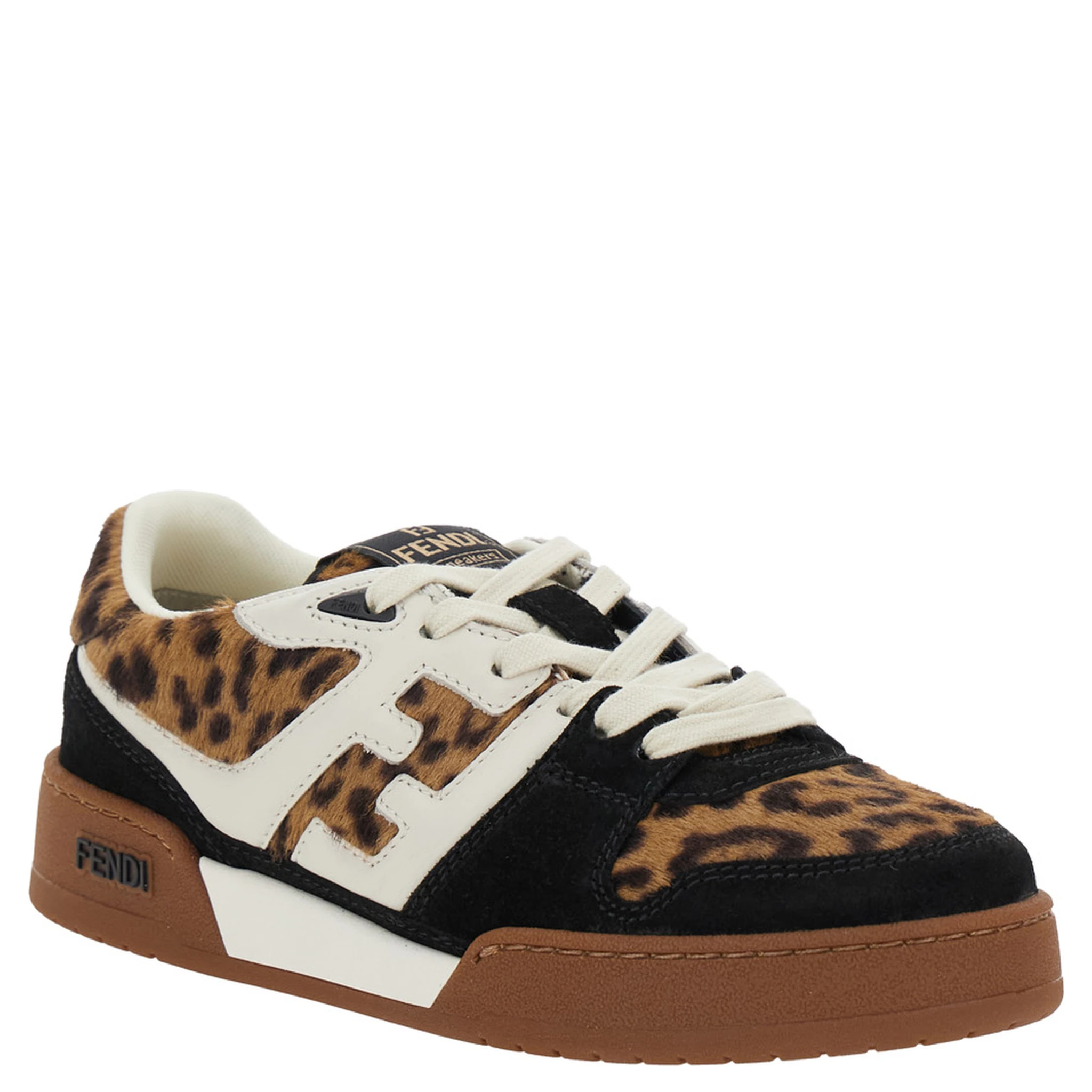 Fendi Match Brown Low Top Sneakers with FF Application and Leopard Motif in Mixed Leather Woman
