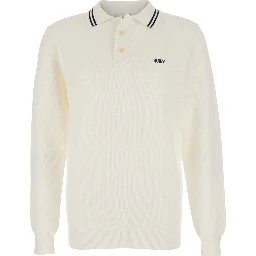 White Long-Sleeve Polo Shirt with Striped Collar and Logo Lettering Embroidery on the Front in Wool and Cotton Blend Man