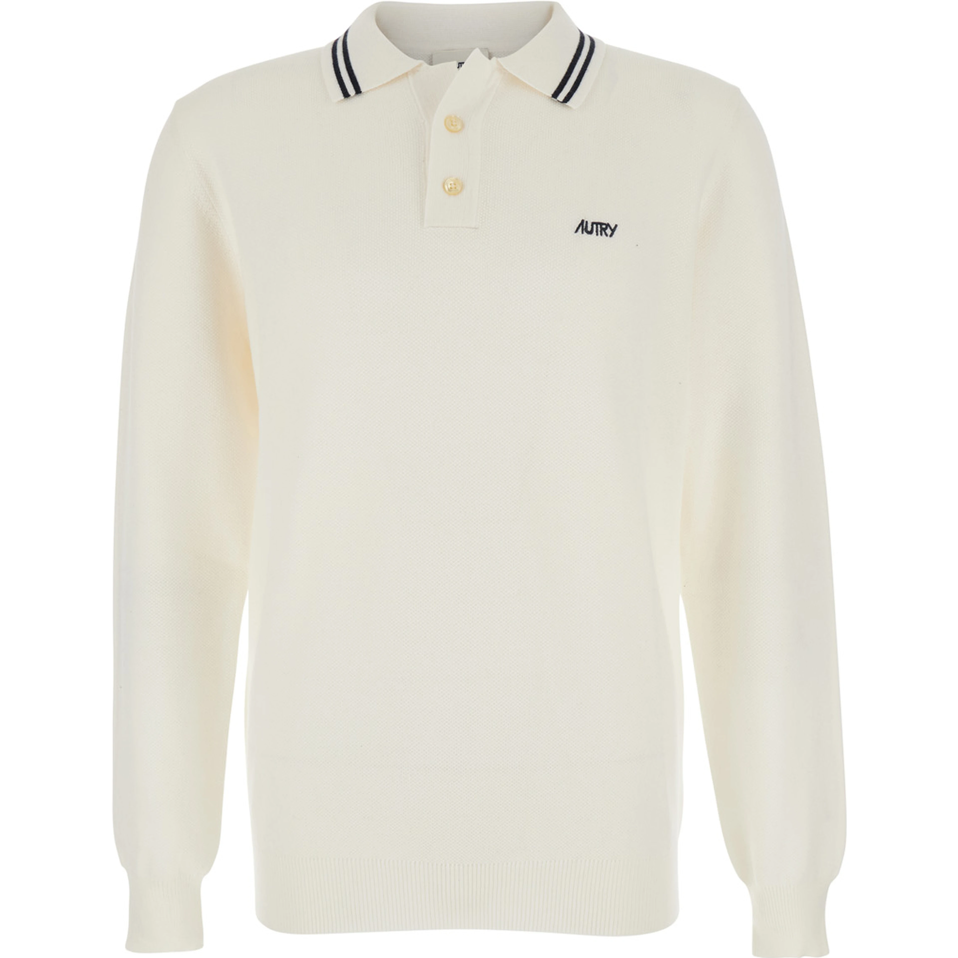 White Long-Sleeve Polo Shirt with Striped Collar and Logo Lettering Embroidery on the Front in Wool and Cotton Blend Man
