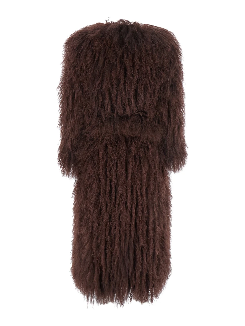 Brown Fur Coat with Round Neck and Long Sleeves in Fur Woman