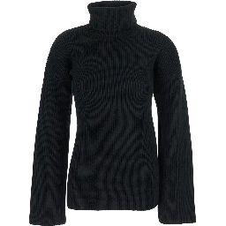 Black High Neck Jumper with Ribbed Design in Wool Woman