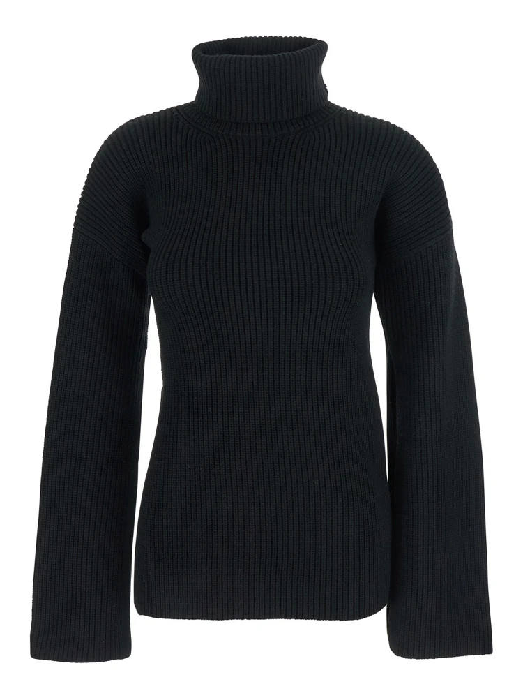 Black High Neck Jumper with Ribbed Design in Wool Woman