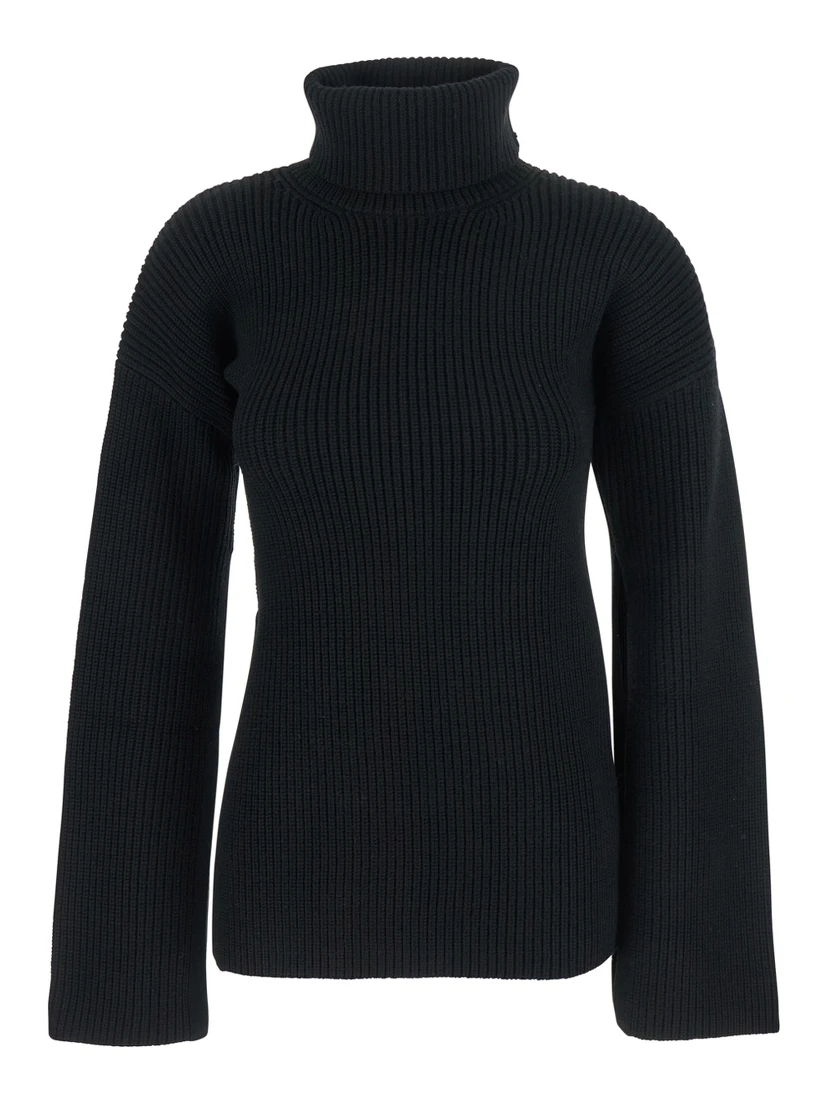 Black High Neck Jumper with Ribbed Design in Wool Woman