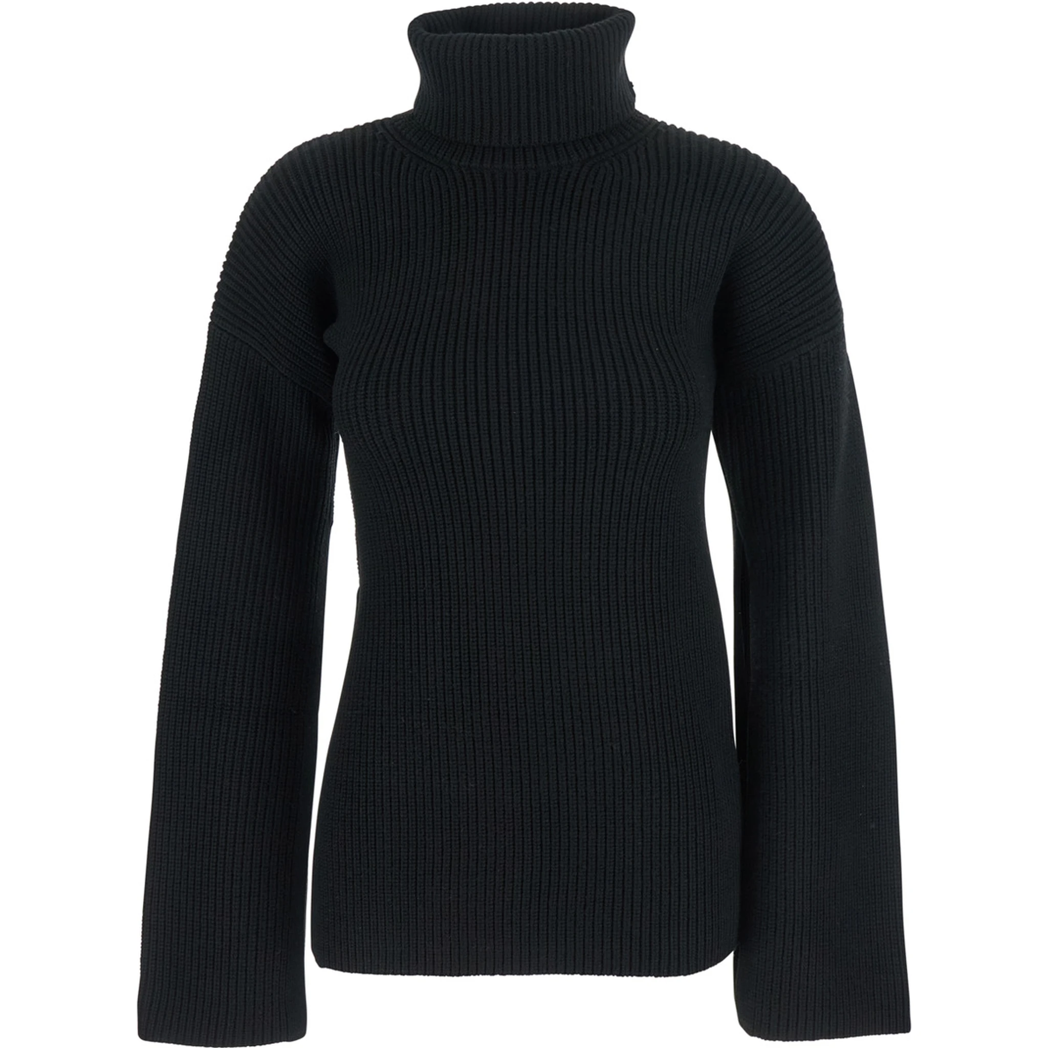 Black High Neck Jumper with Ribbed Design in Wool Woman