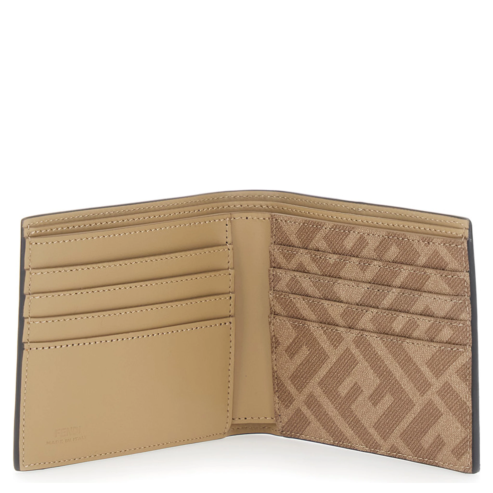 Beige Bi-Fold Wallet with FF Plaque on the Front and FF Motif in Leather Man