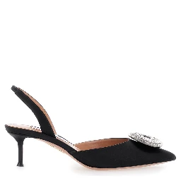 Crystal Hoop Black Slingback Pumps with Rhinestoned Embellishment and Kitten Heel in Tech Fabric Woman