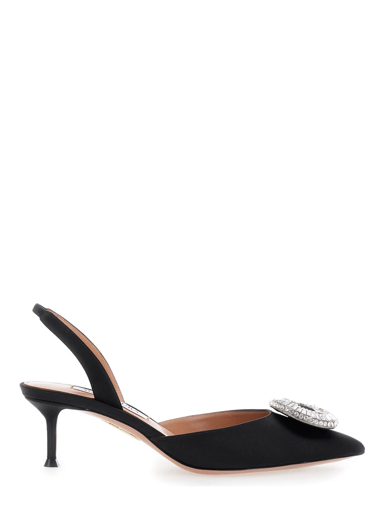 Crystal Hoop Black Slingback Pumps with Rhinestoned Embellishment and Kitten Heel in Tech Fabric Woman
