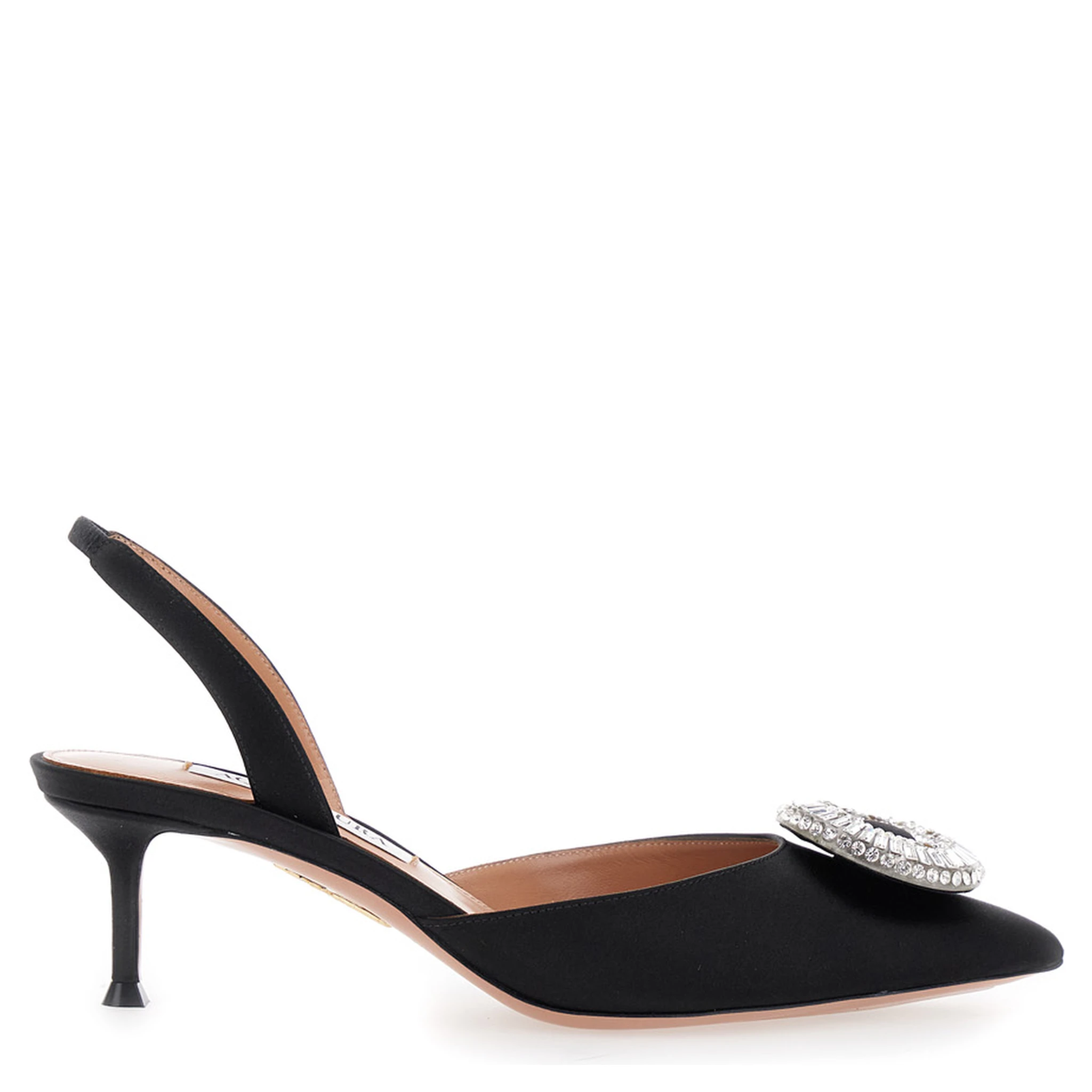 Crystal Hoop Black Slingback Pumps with Rhinestoned Embellishment and Kitten Heel in Tech Fabric Woman