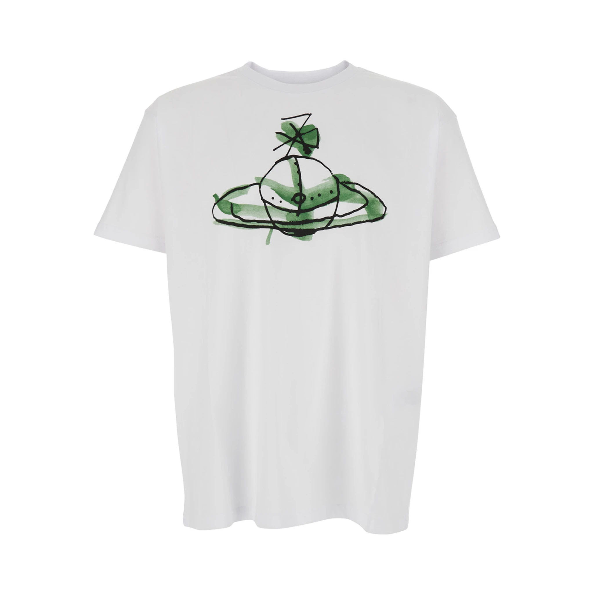 White Crew Neck T-Shirt with Orb Print on the Front in Cotton Man