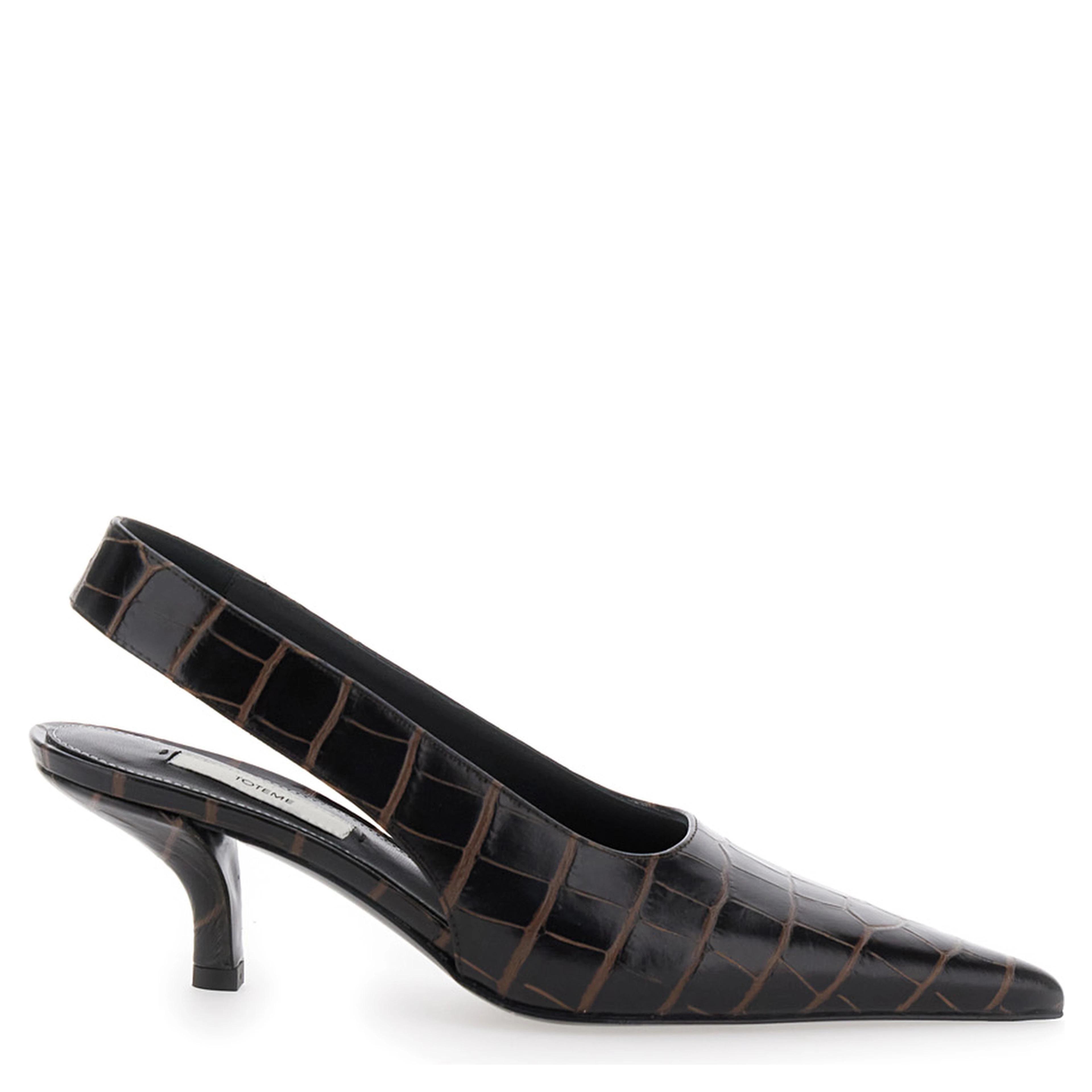 Brown Slingback Pumps with Kitten Heel and Crocodile Effect Print in Leather Woman