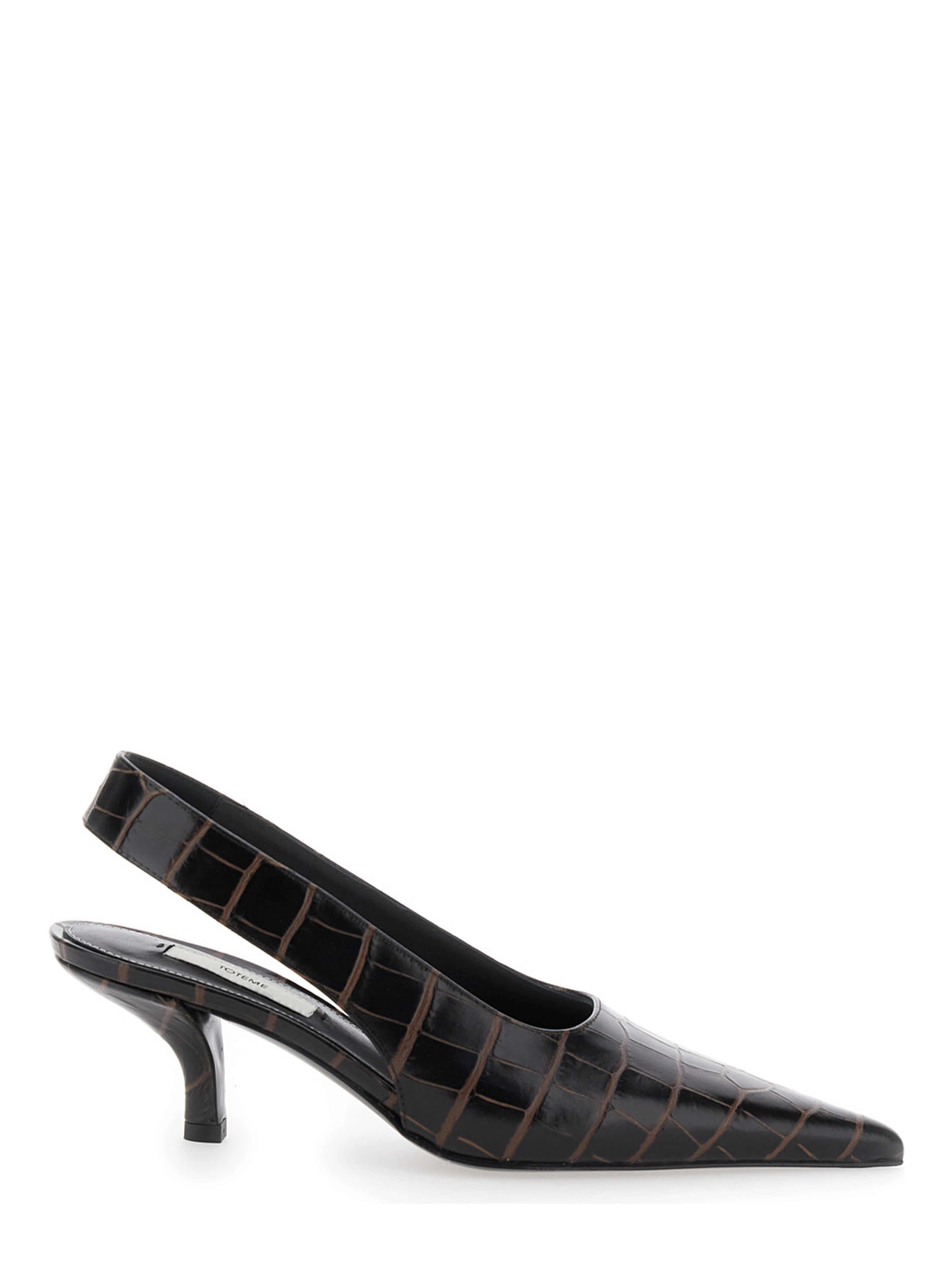 Brown Slingback Pumps with Kitten Heel and Crocodile Effect Print in Leather Woman