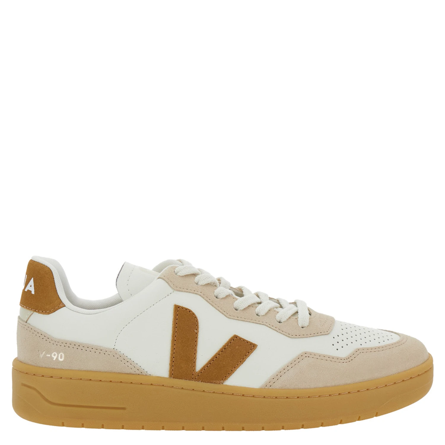 V90 Beige Sneaker with Side Logo and Perforated Toe in Leather Unisex