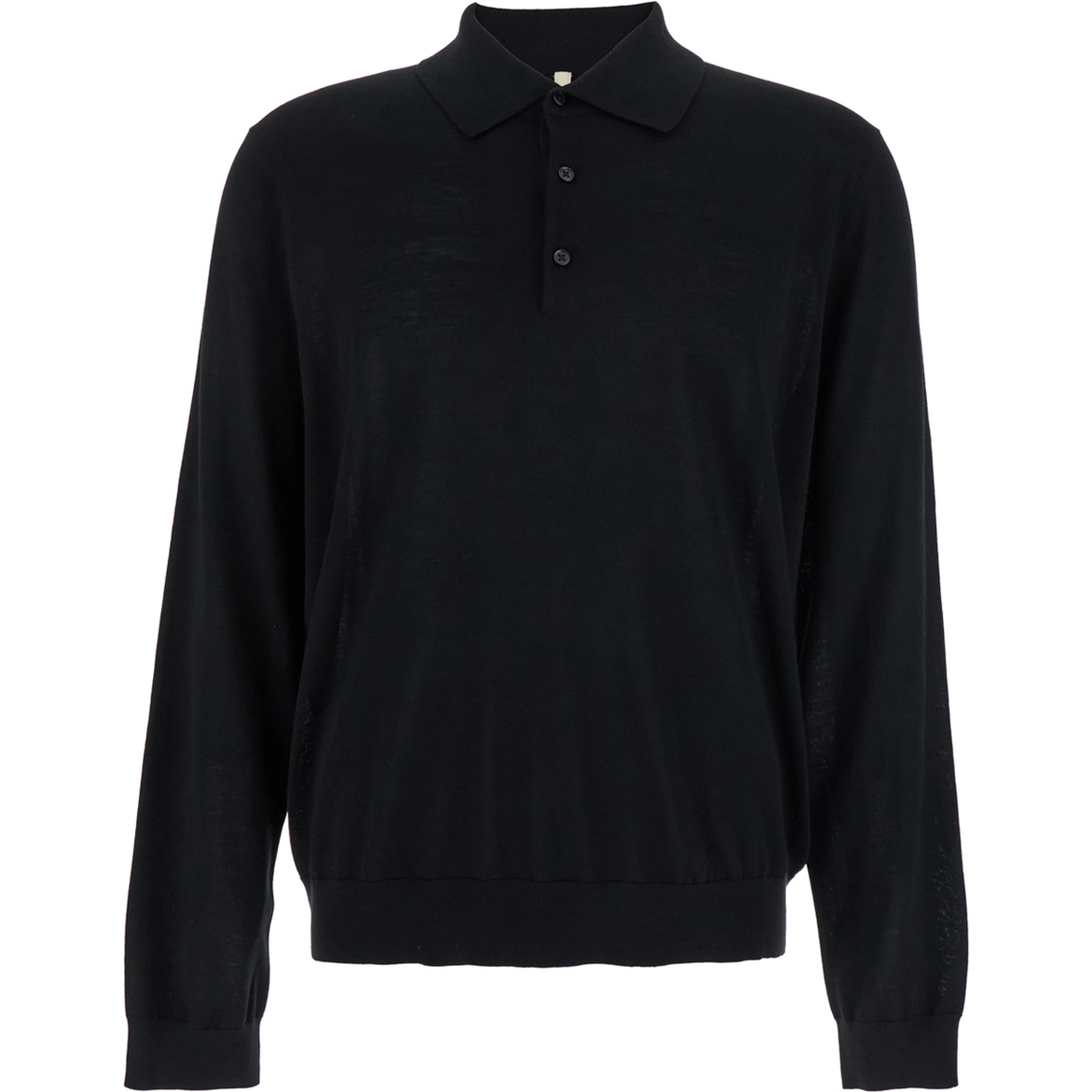 Black Polo Shirt with Classic Collar and Ribbed Trims in Wool Man