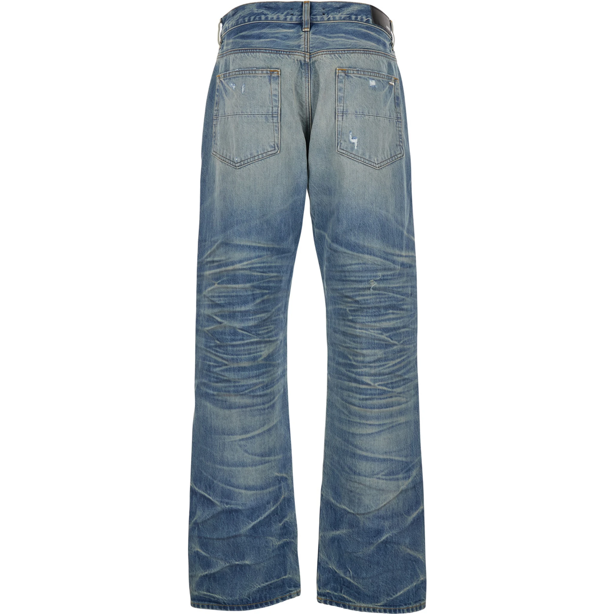 Blue Jeans with Ripped Details on the Front and Logo Patch on the Rear in Denim Man