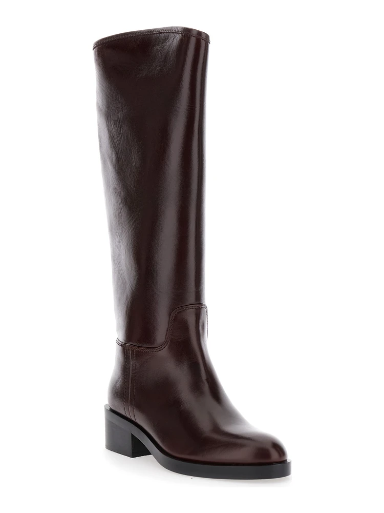 Brown Knee High Boots with Block Heel in Leather Woman alternative