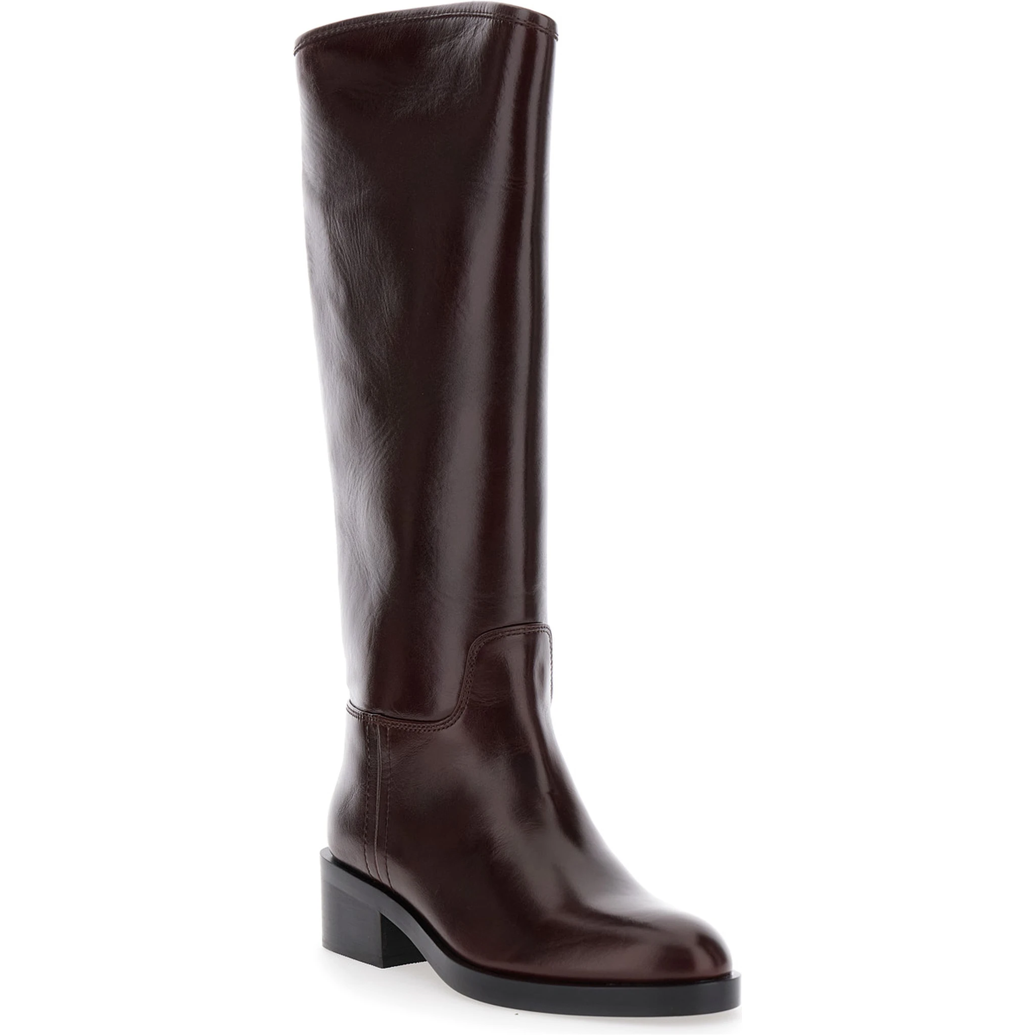 Brown Knee High Boots with Block Heel in Leather Woman