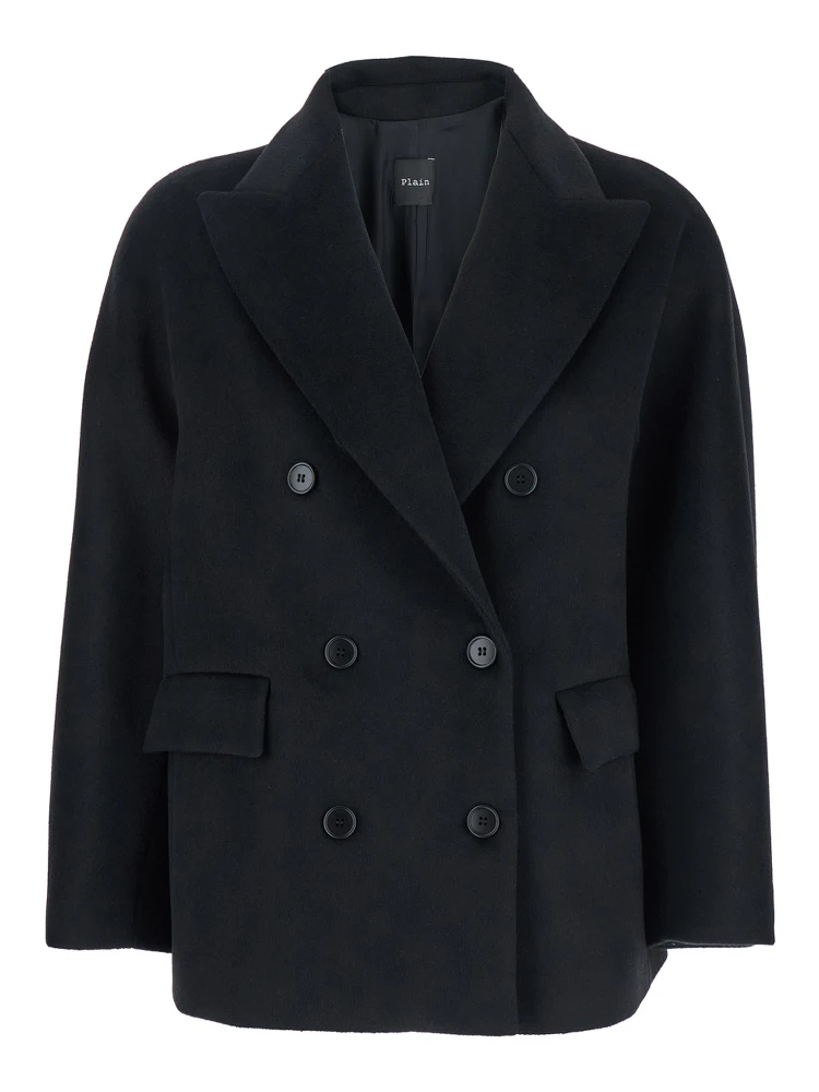 Black Double-Breasted Jacket with Peak Revers in Wool Woman