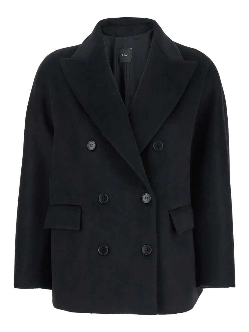 Black Double-Breasted Jacket with Peak Revers in Wool Woman