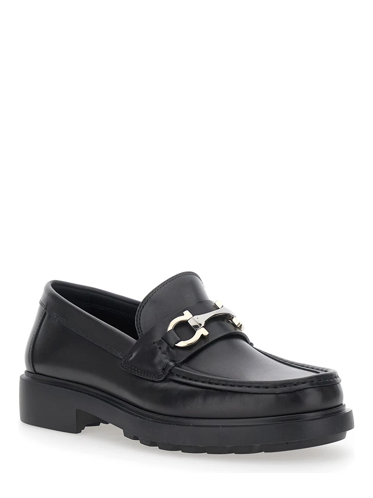 Duglas Black Loafers with Gancini Plaque on the Front and Embossed Logo on the Rear in Leather Man alternative
