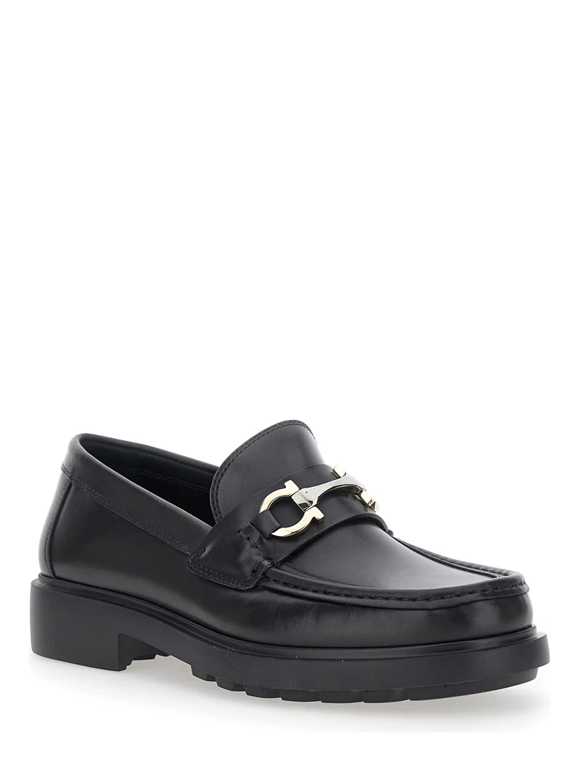 Duglas Black Loafers with Gancini Plaque on the Front and Embossed Logo on the Rear in Leather Man