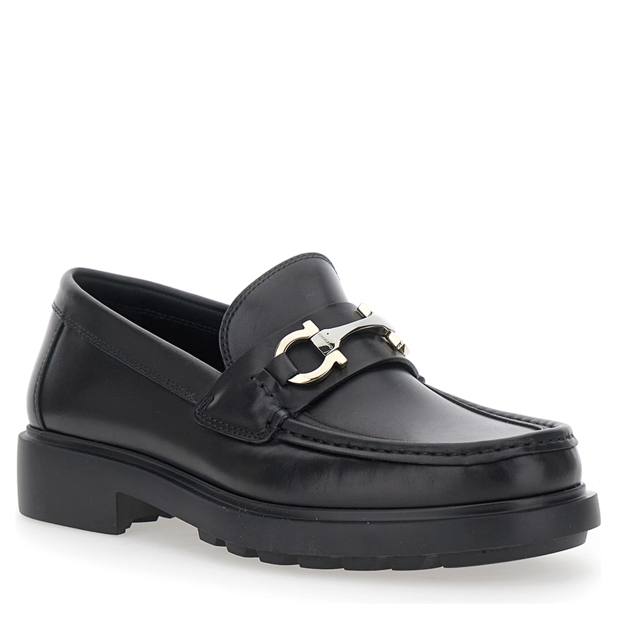Duglas Black Loafers with Gancini Plaque on the Front and Embossed Logo on the Rear in Leather Man