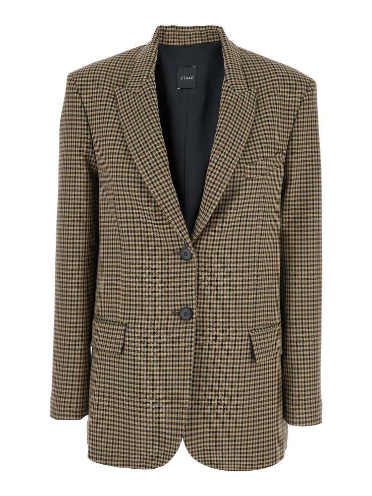 Brown Single-Breasted Jacket with All-Over Check Motif in Wool Woman