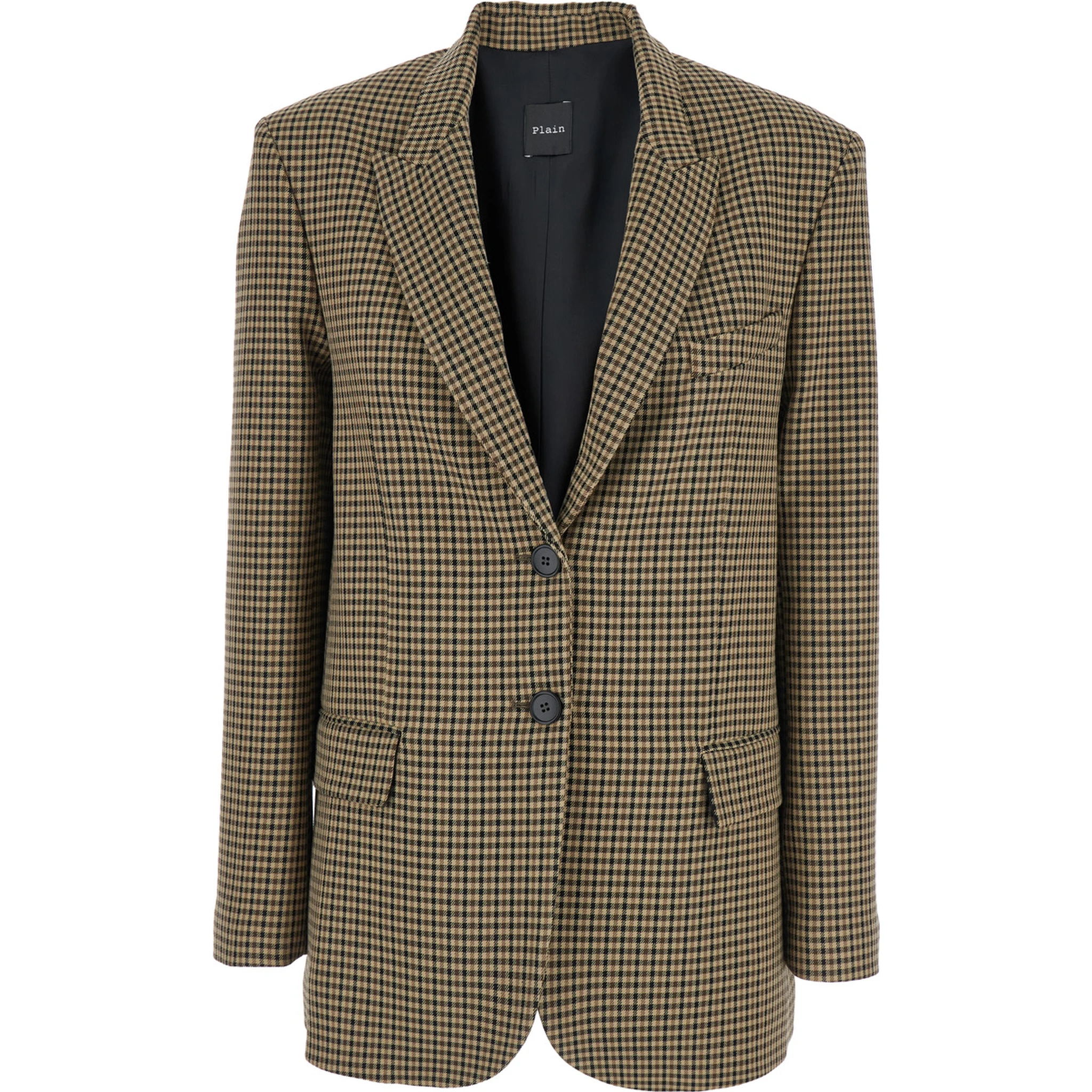 Brown Single-Breasted Jacket with All-Over Check Motif in Wool Woman