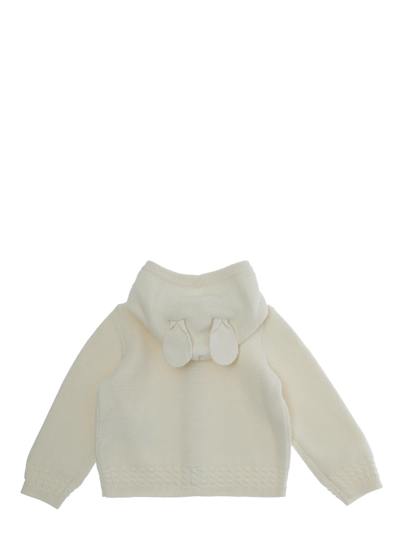 White Sweatshirt with Hood with Ear Detail and Logo Embroidery on the Front in Cotton and Cashmere Baby