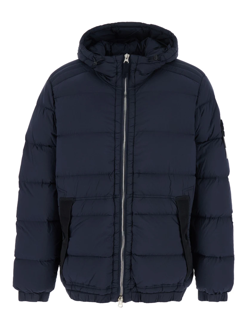 Blue Hooded Down Jacket with Logo Patch in Nylon Man