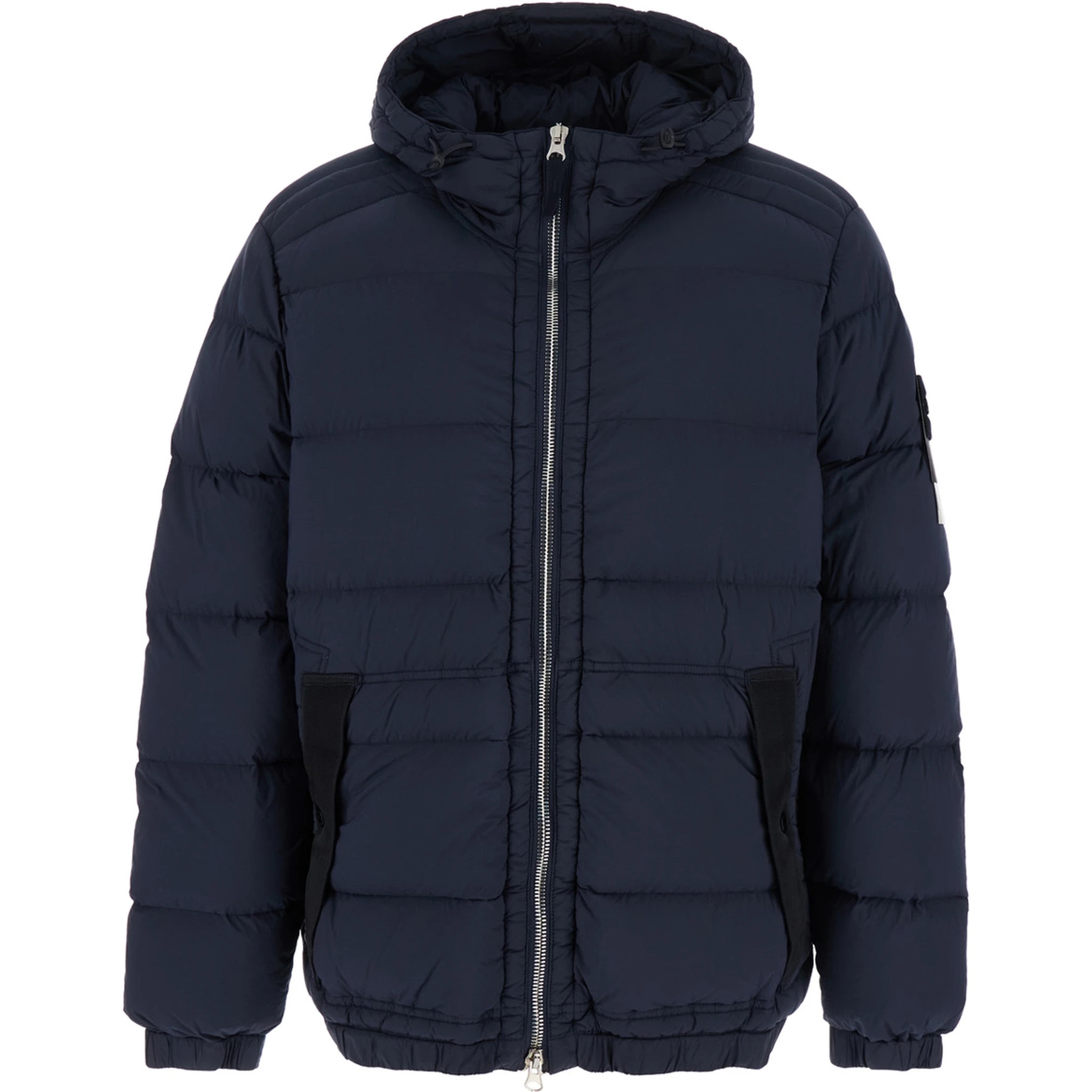 Blue Hooded Down Jacket with Logo Patch in Nylon Man