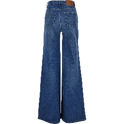 Blue HIgh Waisted Jeans with Wide Leg and Logo Patch on the Rear in Denim Woman