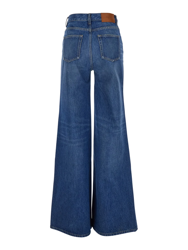 Blue HIgh Waisted Jeans with Wide Leg and Logo Patch on the Rear in Denim Woman alternative