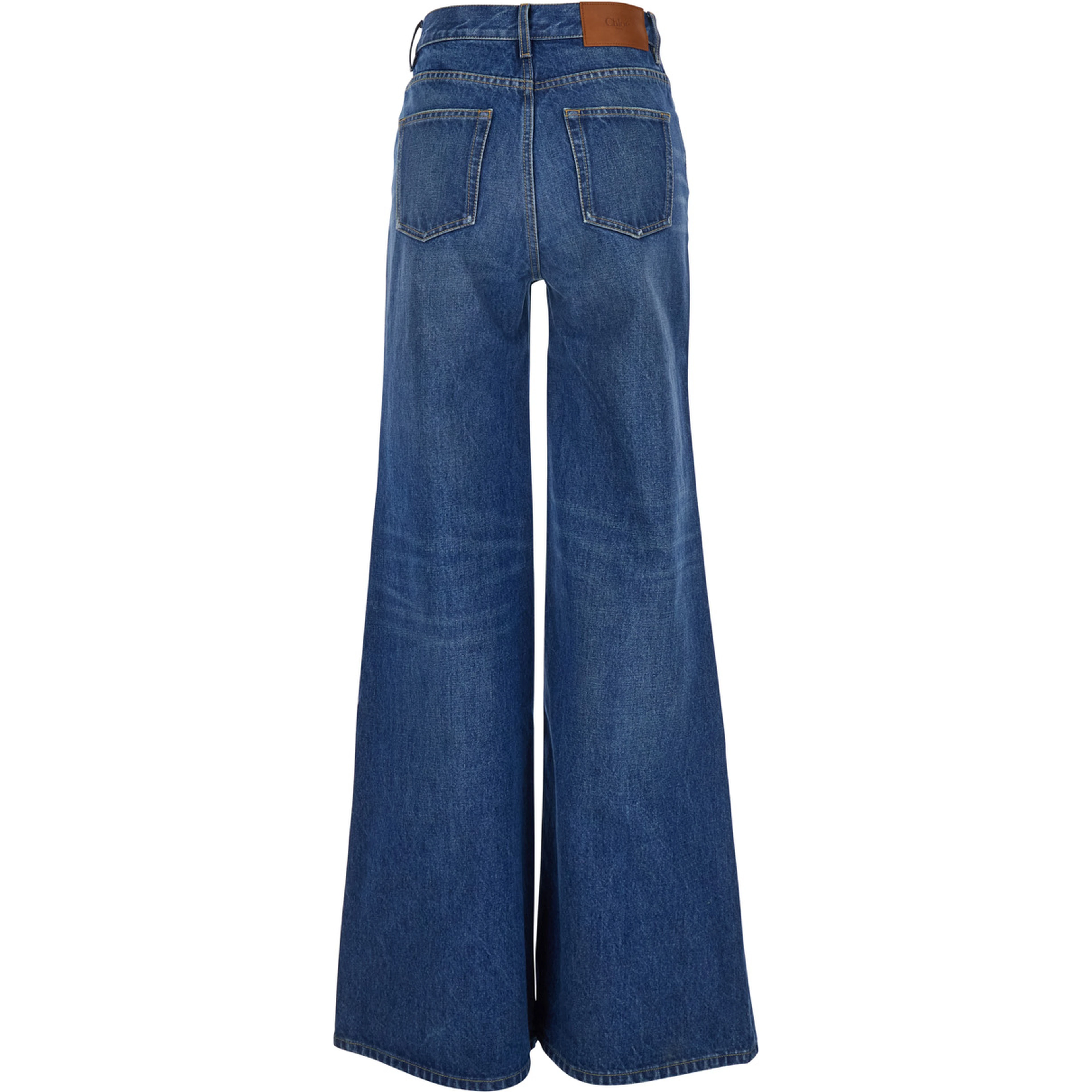 Blue HIgh Waisted Jeans with Wide Leg and Logo Patch on the Rear in Denim Woman