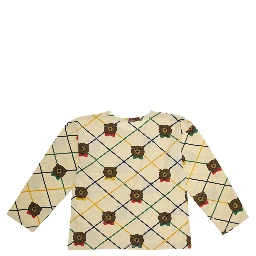 Beige Long-Sleeve T-Shirt with All-Over Check Motif and Bear Print in Cotton Girl
