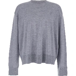 Grey Crew Neck Sweater with Embroidered Logo on the Front in Wool Man