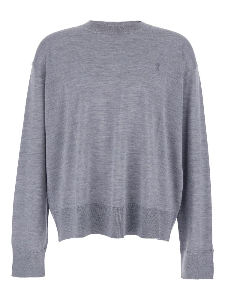 Grey Crew Neck Sweater with Embroidered Logo on the Front in Wool Man