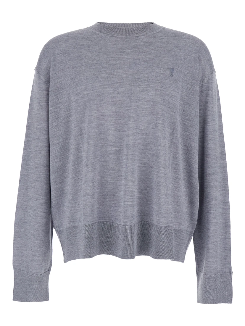 Grey Crew Neck Sweater with Embroidered Logo on the Front in Wool Man