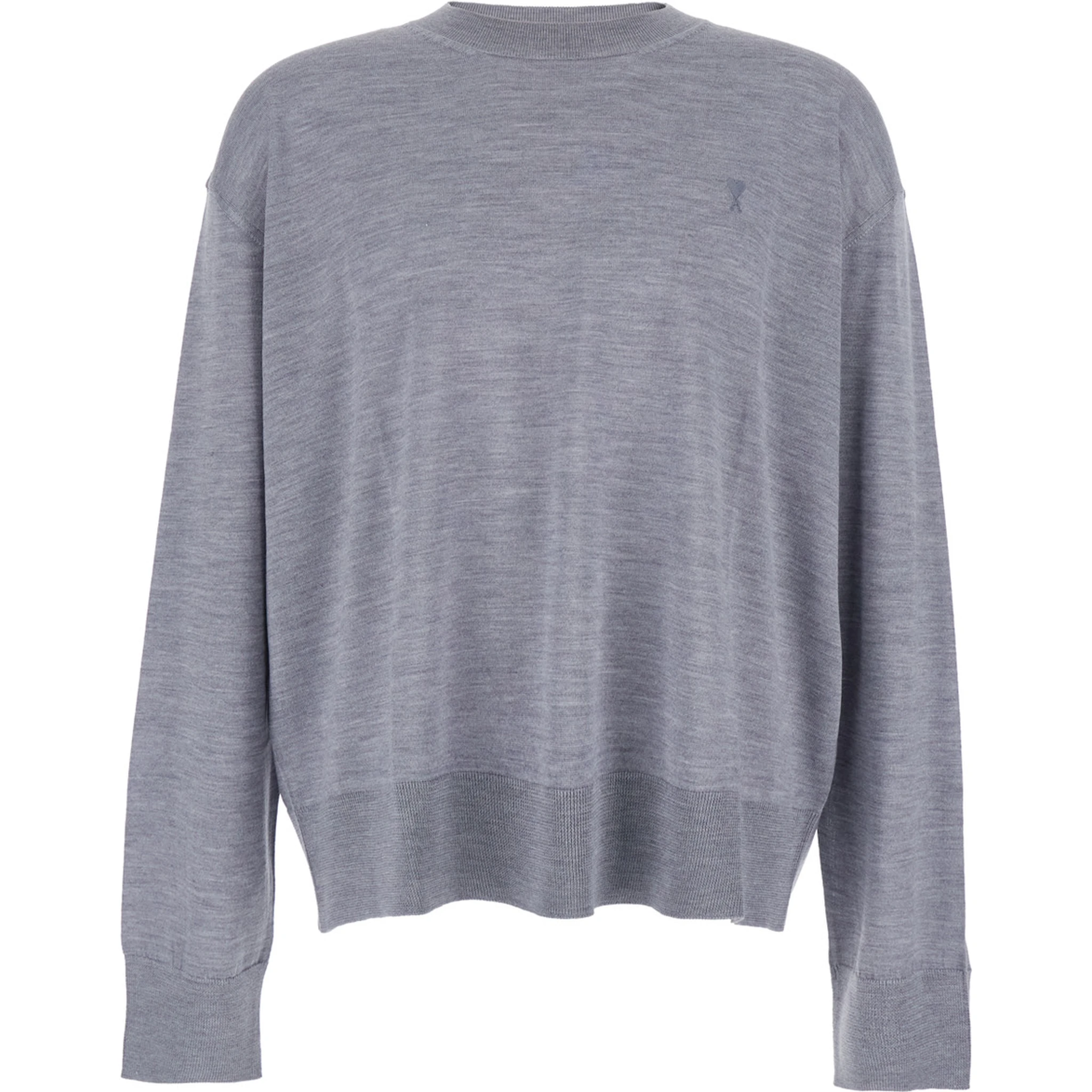 Grey Crew Neck Sweater with Embroidered Logo on the Front in Wool Man