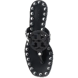 Black Thong Sandals with Logo on the Front and Stud Embellishments in Leather Woman