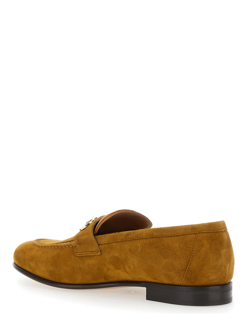 Brown Loafers with Almond Toe and Gancini Detail on the Front in Suede Woman