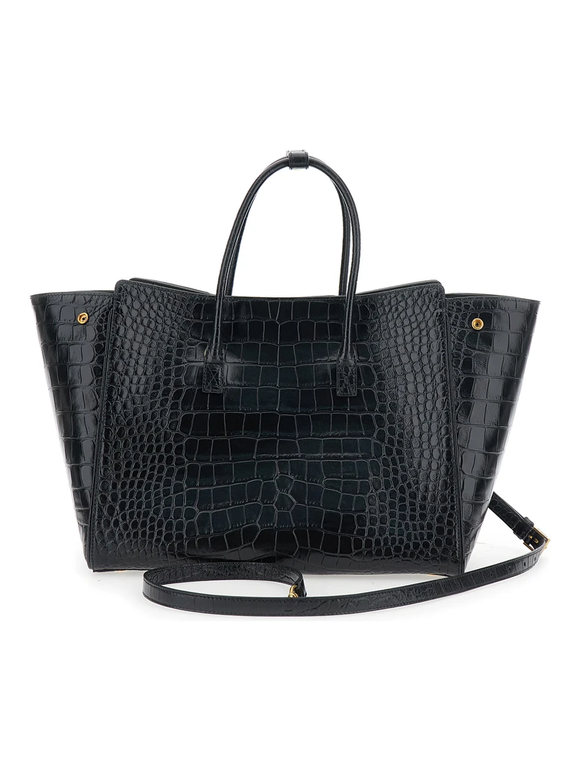 Hampton Small Black Handbag with Embossed Logo on the Front and Removable Keyring in Leather Woman