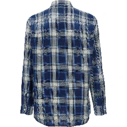 Blue Shirt with Classic Collar and All-Over Check Motif in Cotton Man