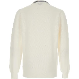 White Long-Sleeve Polo Shirt with Striped Collar and Logo Lettering Embroidery on the Front in Wool and Cotton Blend Man