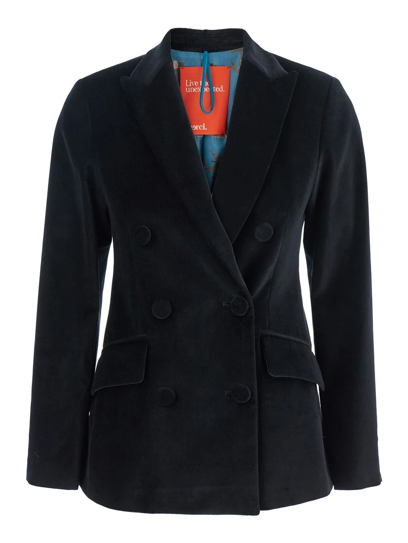 Black Double-Breasted Jacket with Peak Revers in Velvet Woman